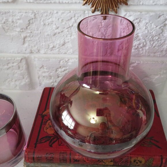 Vtg Bombay Lavender Glass Tumble Up Carafe wGlass Silver Trim Heavy Bases Poland - Picture 7 of 9